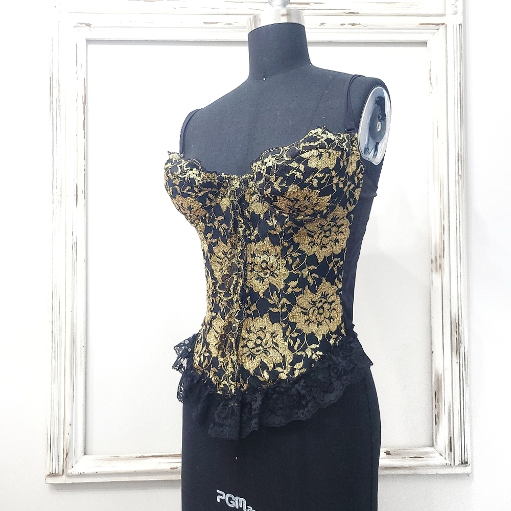 Vintage Romantic Dark Floral Gold Black Lace Ruffle Bustier Corset - Picture 4 of 10